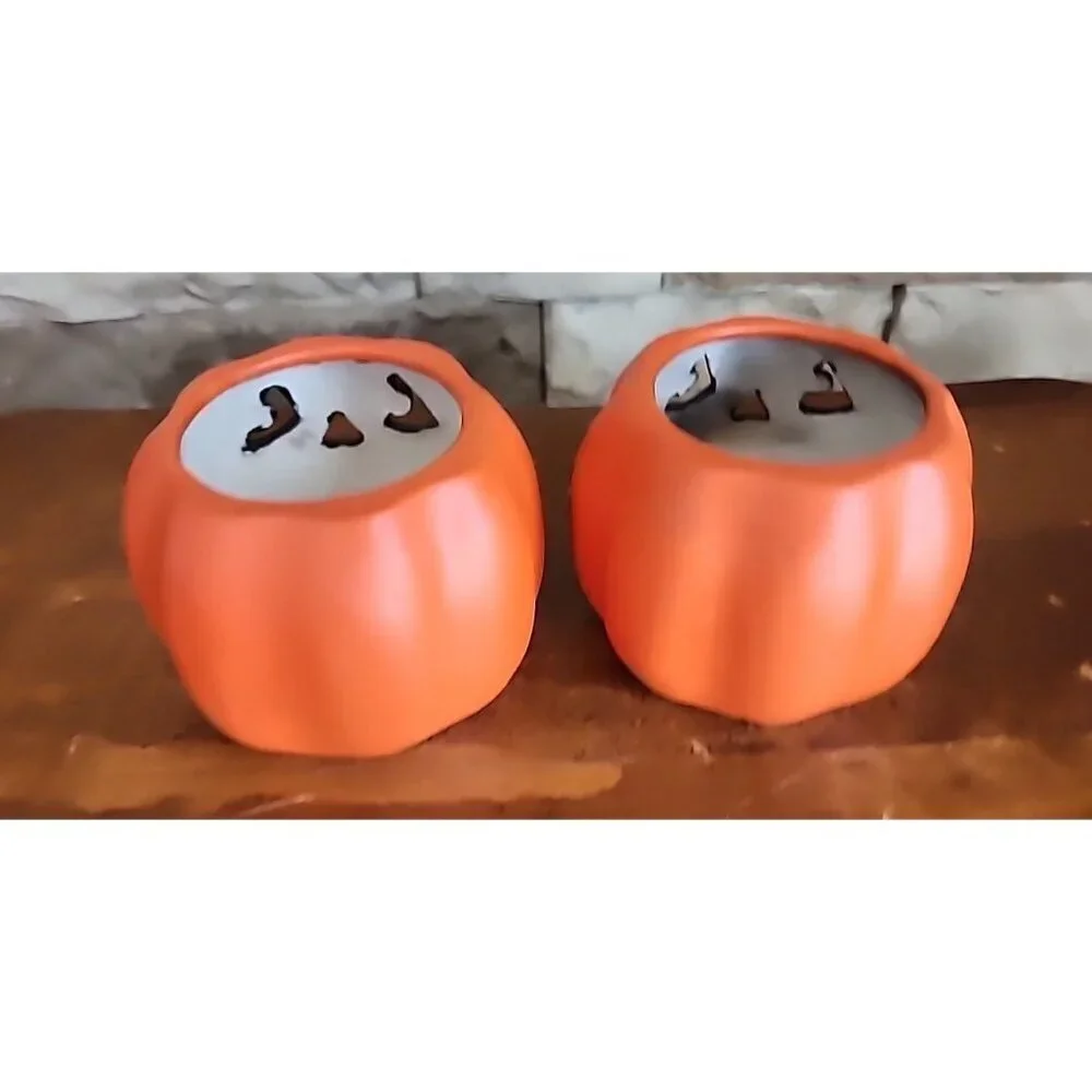 Hermitage Pottery Halloween Pumpkin / Jack O Lantern Votive Holder Set Of 2